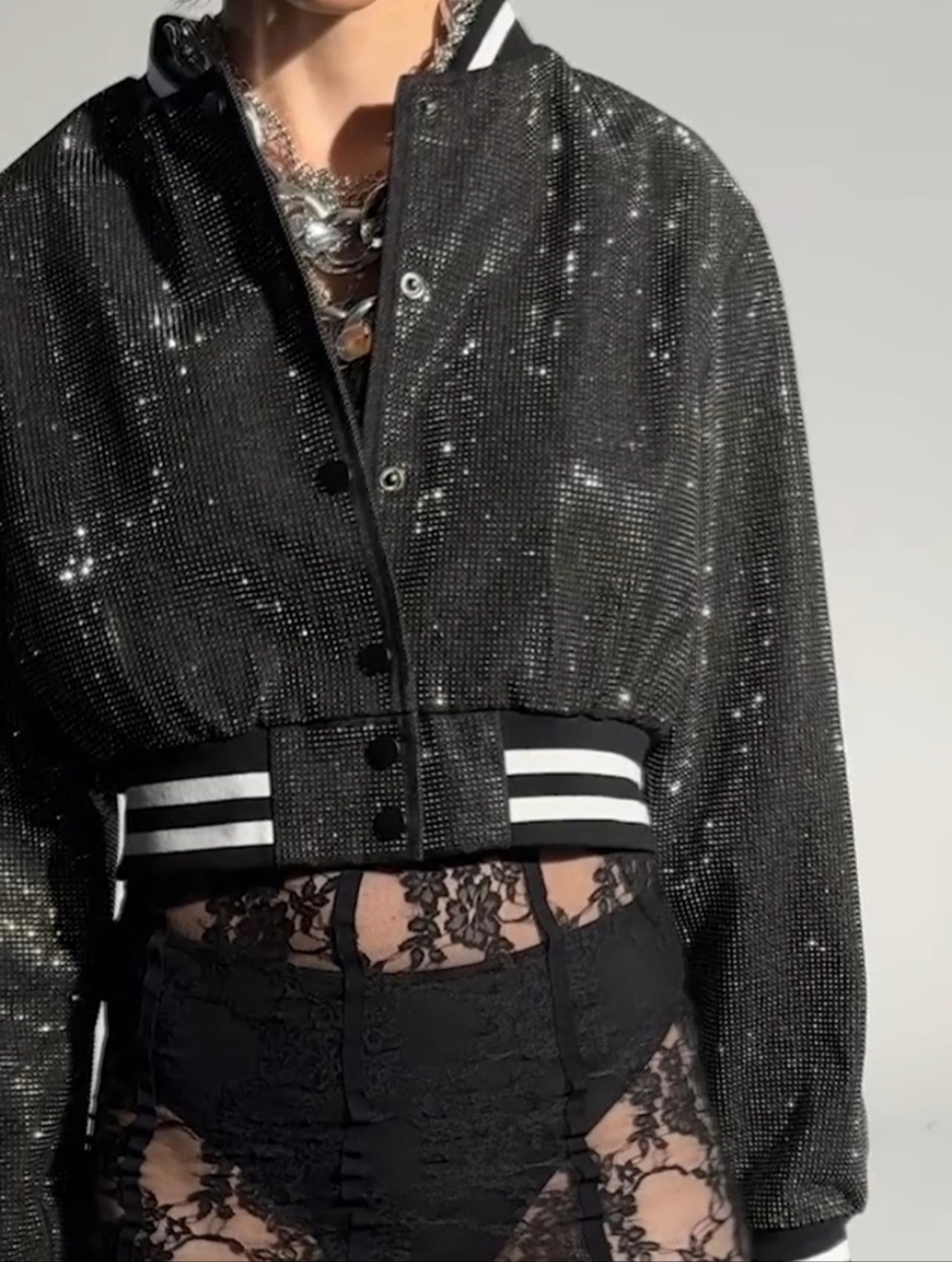 AKIRA Cropped Black Sequin Bomber Jacket with Striped Varsity Bands, Size L